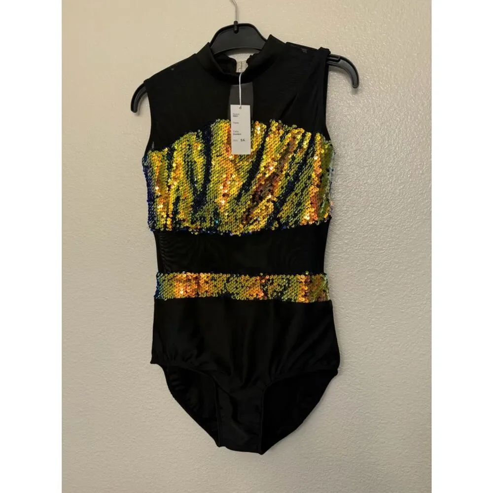 Glamour solo dance costume sequin mesh black gold SA-Small adult NEW